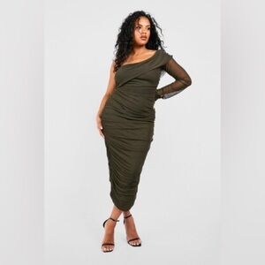 Boohoo Olive Green Mesh One Shoulder Ruched Midi Dress Date Night Forest Green